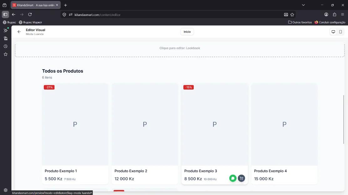 Editor Visual com grid de produtos exemplo editáveis