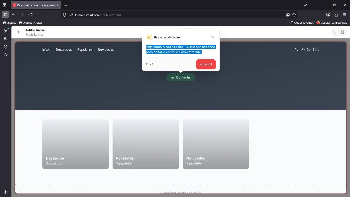 Editor Visual mostrando preview do site com tooltip de pré-visualização
