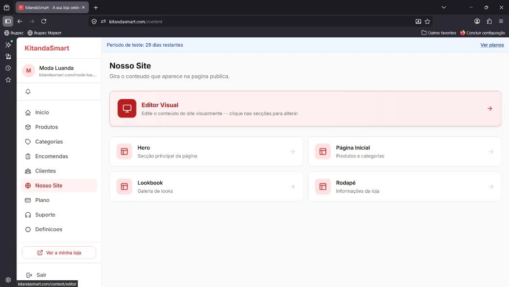 Tela 'Nosso Site' com cartão destacado para o Editor Visual e secções (Hero, Página inicial, Lookbook, Rodapé)