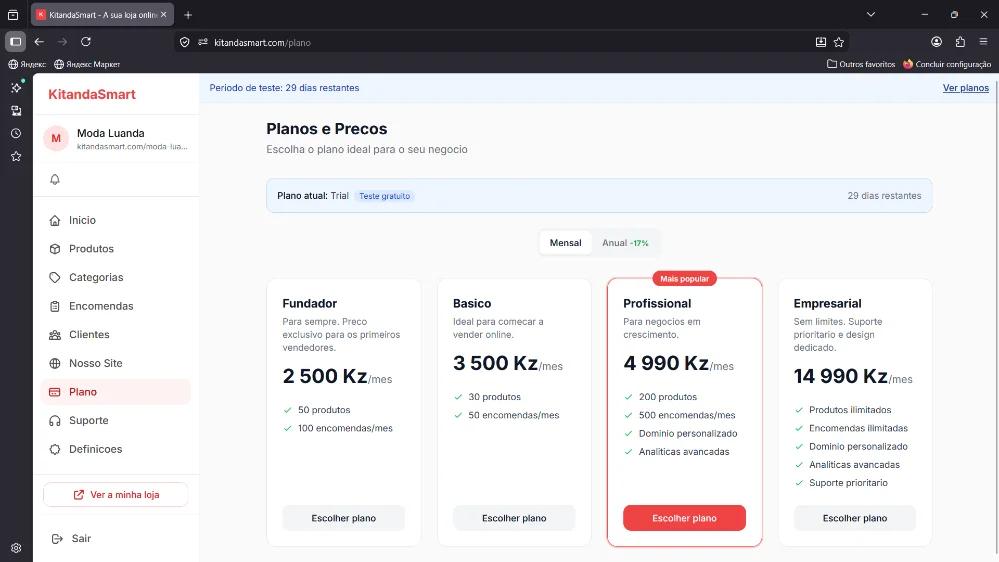 Tela de Planos e Preços com 4 níveis (Fundador, Básico, Profissional, Empresarial)