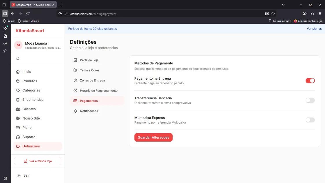 Tela 'Métodos de Pagamento' com 3 toggles: Pagamento na Entrega, Transferência Bancária, Multicaixa Express