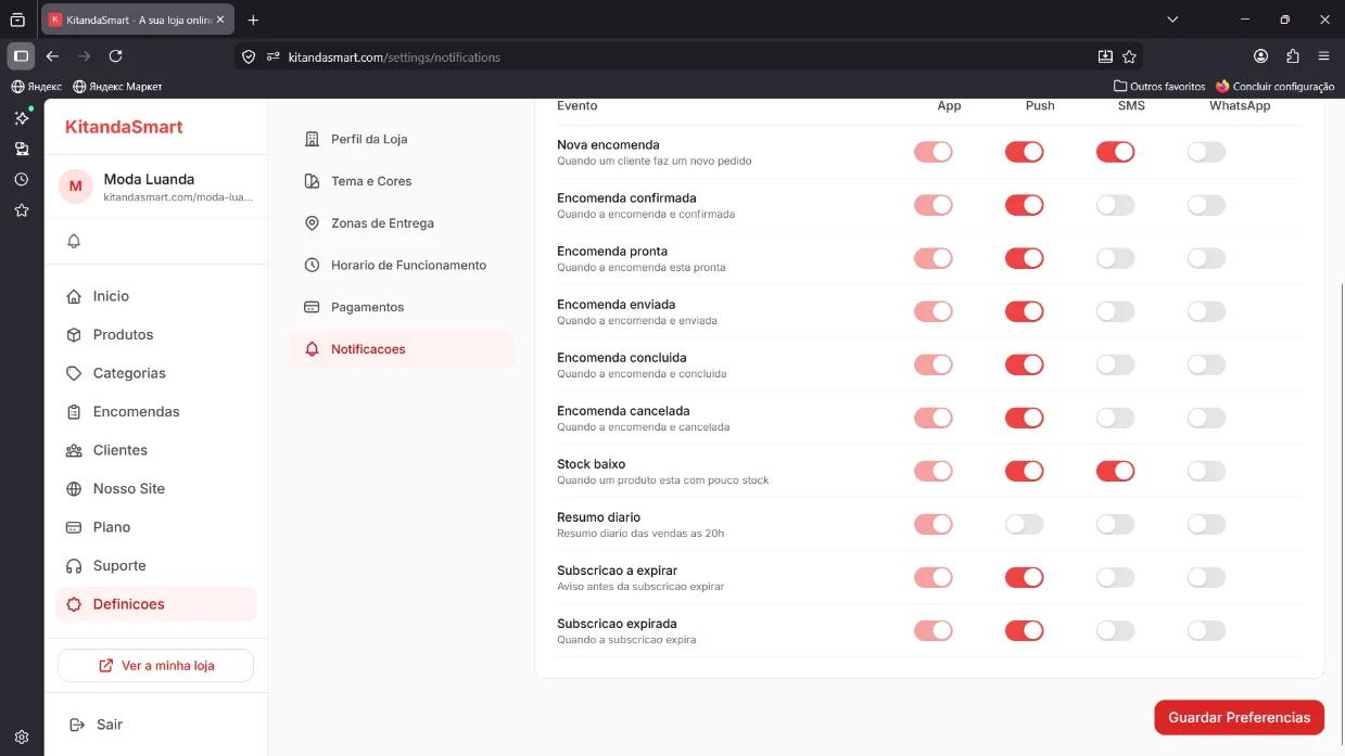 Tela de Notificações com matriz de eventos (Nova encomenda, Stock baixo, etc.) por canal (App, Push, SMS, WhatsApp)