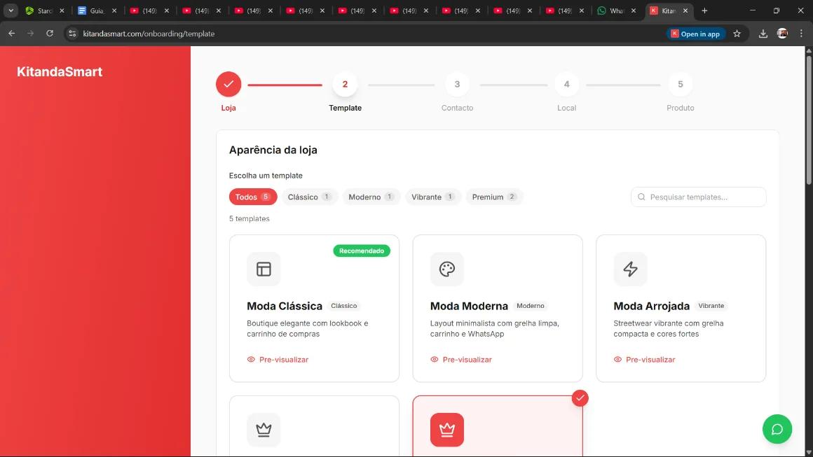 Grid de templates para Loja Online — vista desktop com filtros Todos/Clássico/Moderno/Vibrante/Premium
