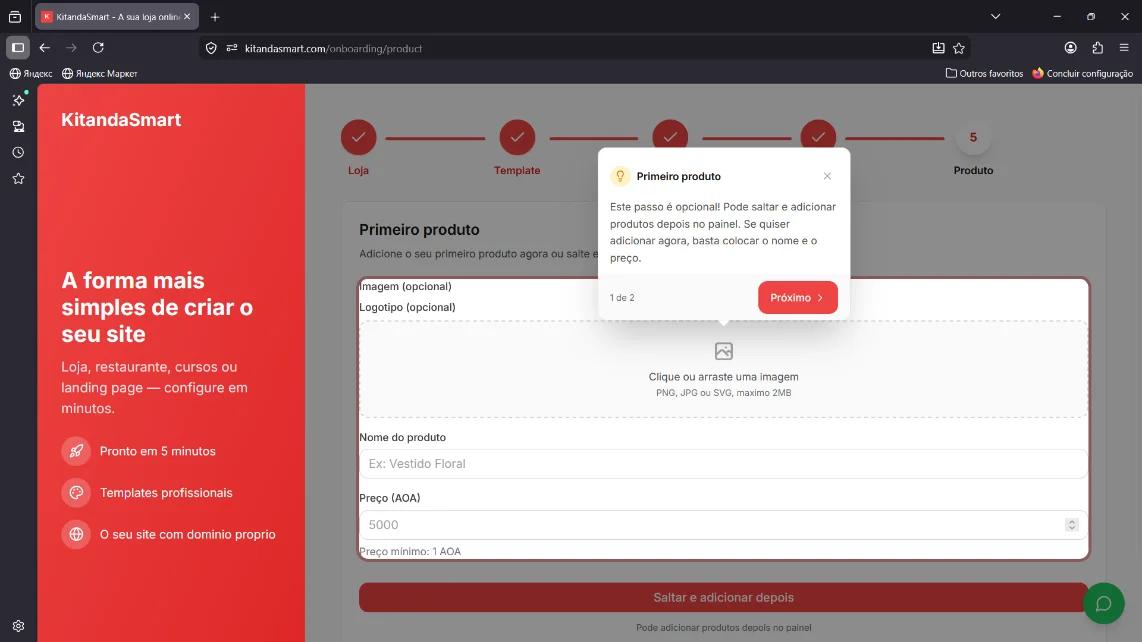 Tela do primeiro produto com modal de orientação