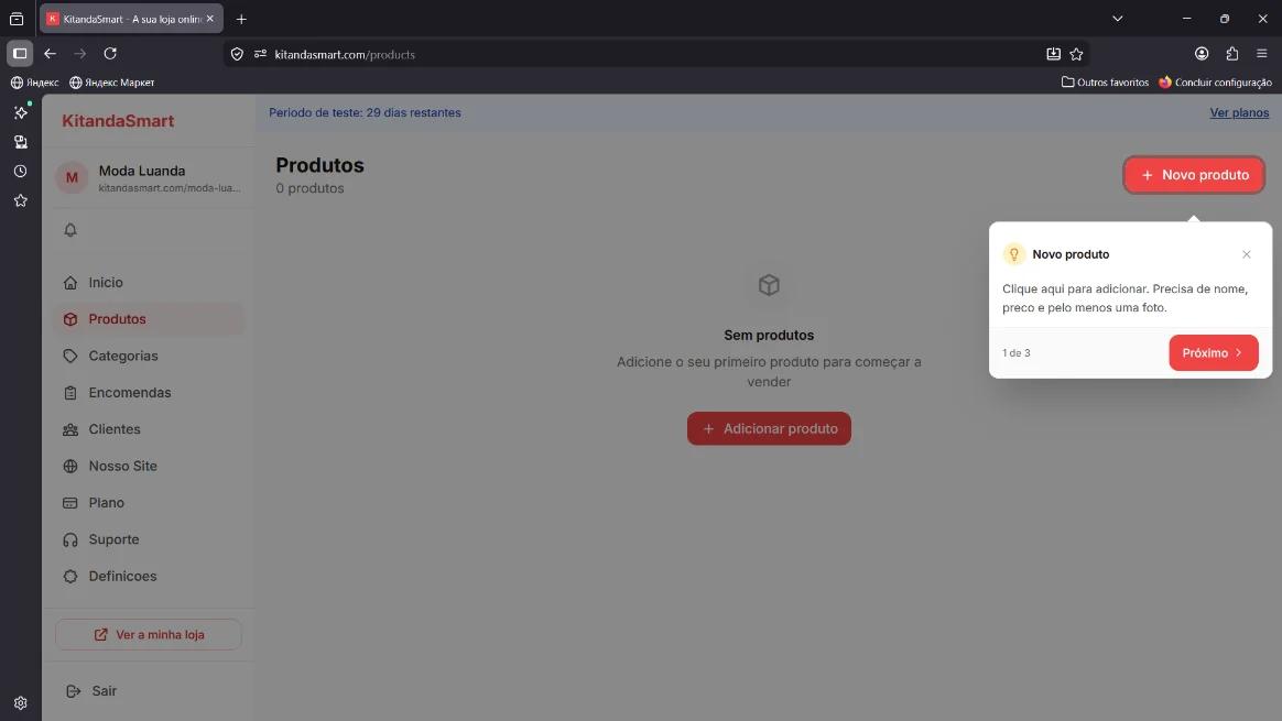 Painel administrativo (menu lateral) com 0 produtos e tooltip 'Novo produto'
