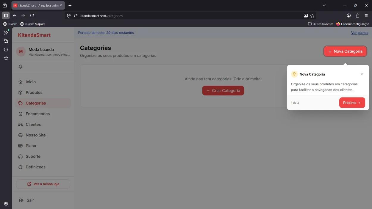 Tela 'Categorias' vazia com tooltip 'Nova Categoria'