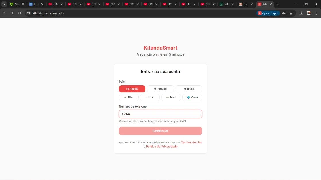 Tela de login KitandaSmart com seletor de país (AO Angola) e campo de número de telefone