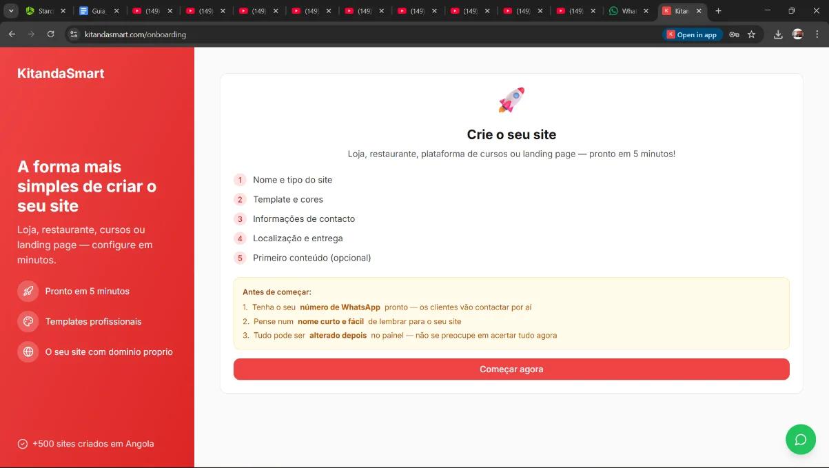 Tela inicial do onboarding 'Crie o seu site' com lista de 5 passos