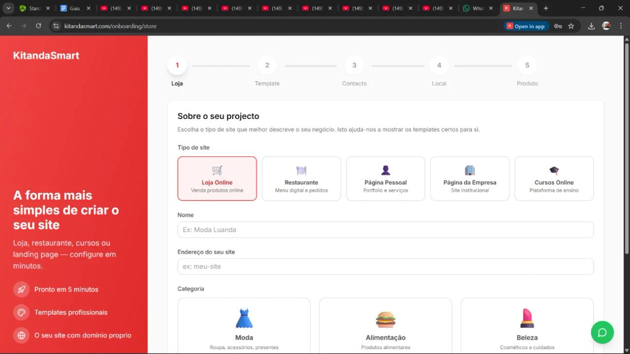 Tela de seleção do tipo de site (Loja Online, Restaurante, Serviços, Página Pessoal, Página da Empresa, Cursos Online)