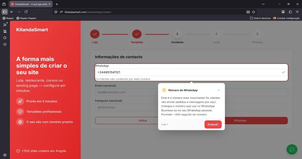 Tela de contactos com tooltip explicando a importância do número de WhatsApp